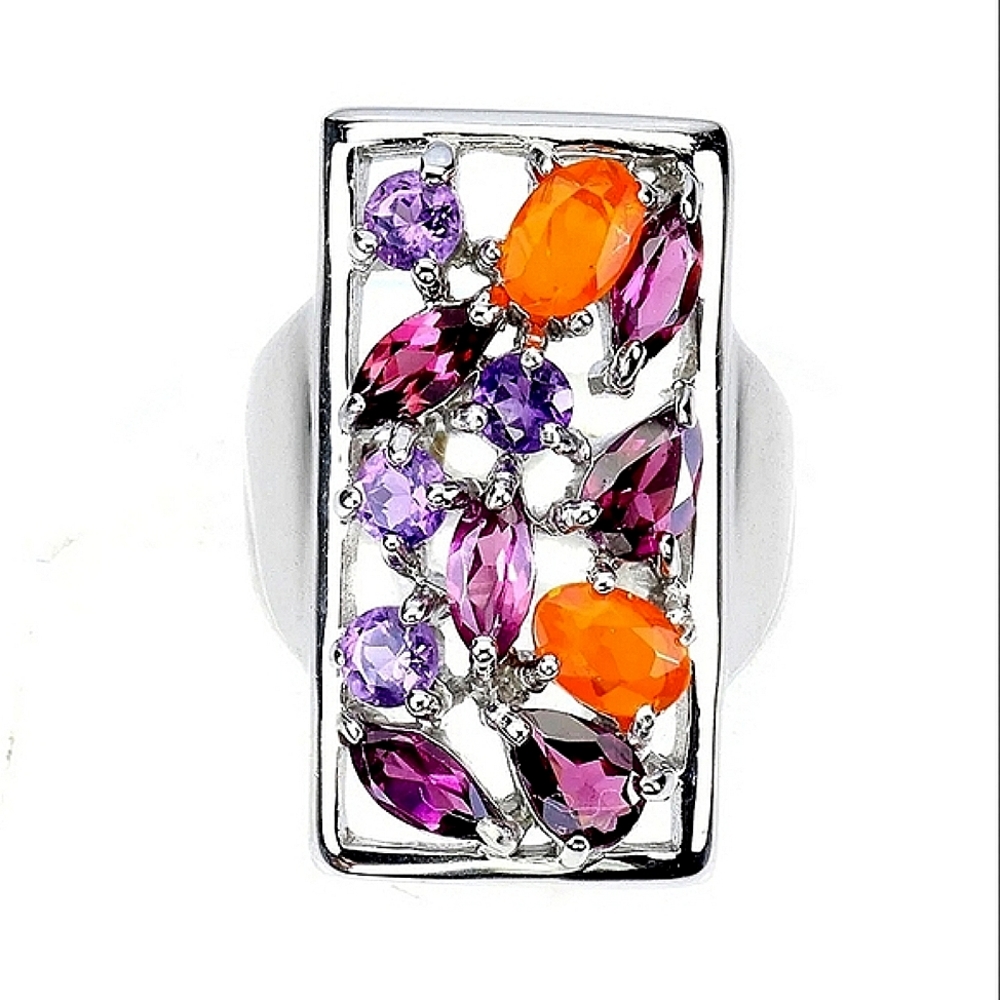 Natural Orange Opal, Amethyst,‎ Rhodolite 925 Sterling Silver Ring Sz 7.5